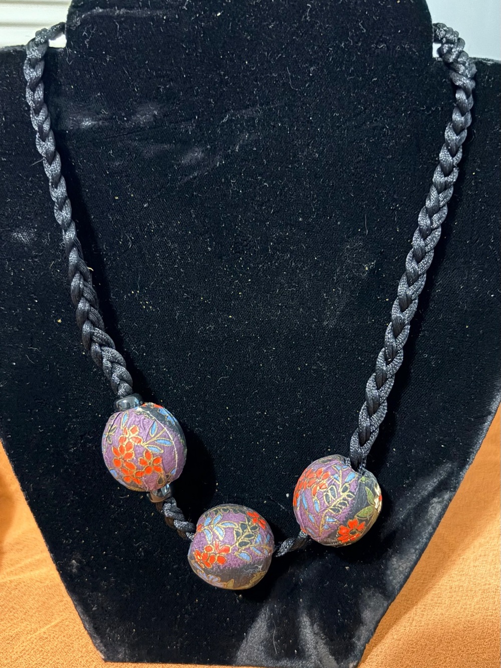 Braided Black Cord Necklace with Purple Floral Beads Silk